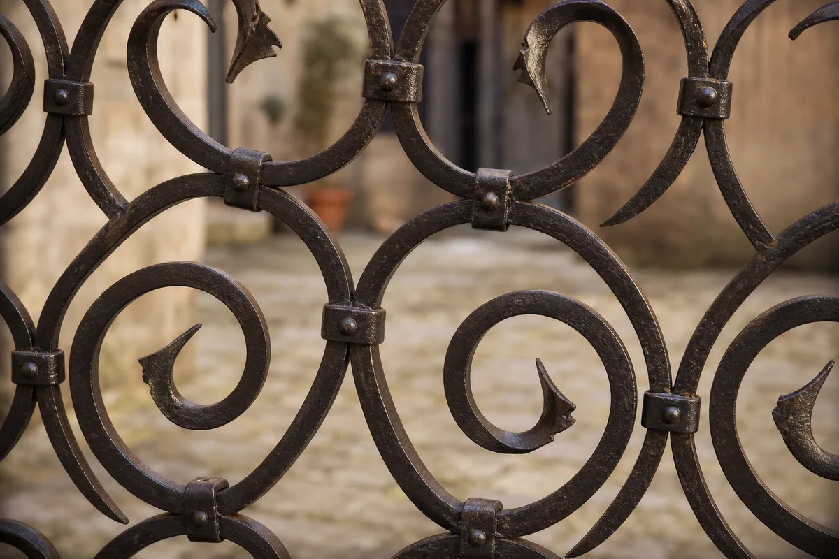 Volutes en fer forgé noir patiné sur une grille ancienne, gros plan en lumière rasante
