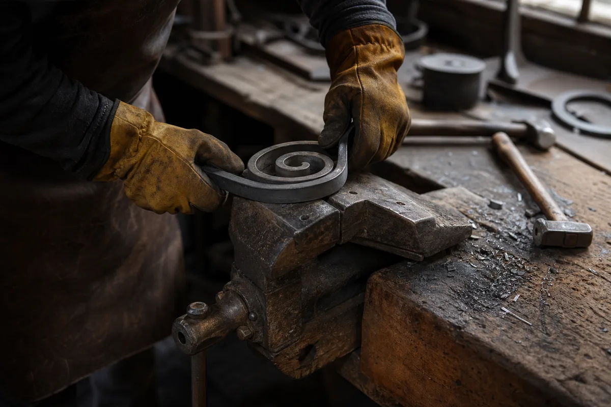 Mains d’artisan enroulant un fer plat autour d’un gabarit de volute serré dans un étau