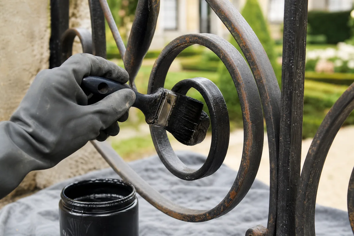 Application d’une peinture antirouille au pinceau sur les volutes d’un portail en fer forgé