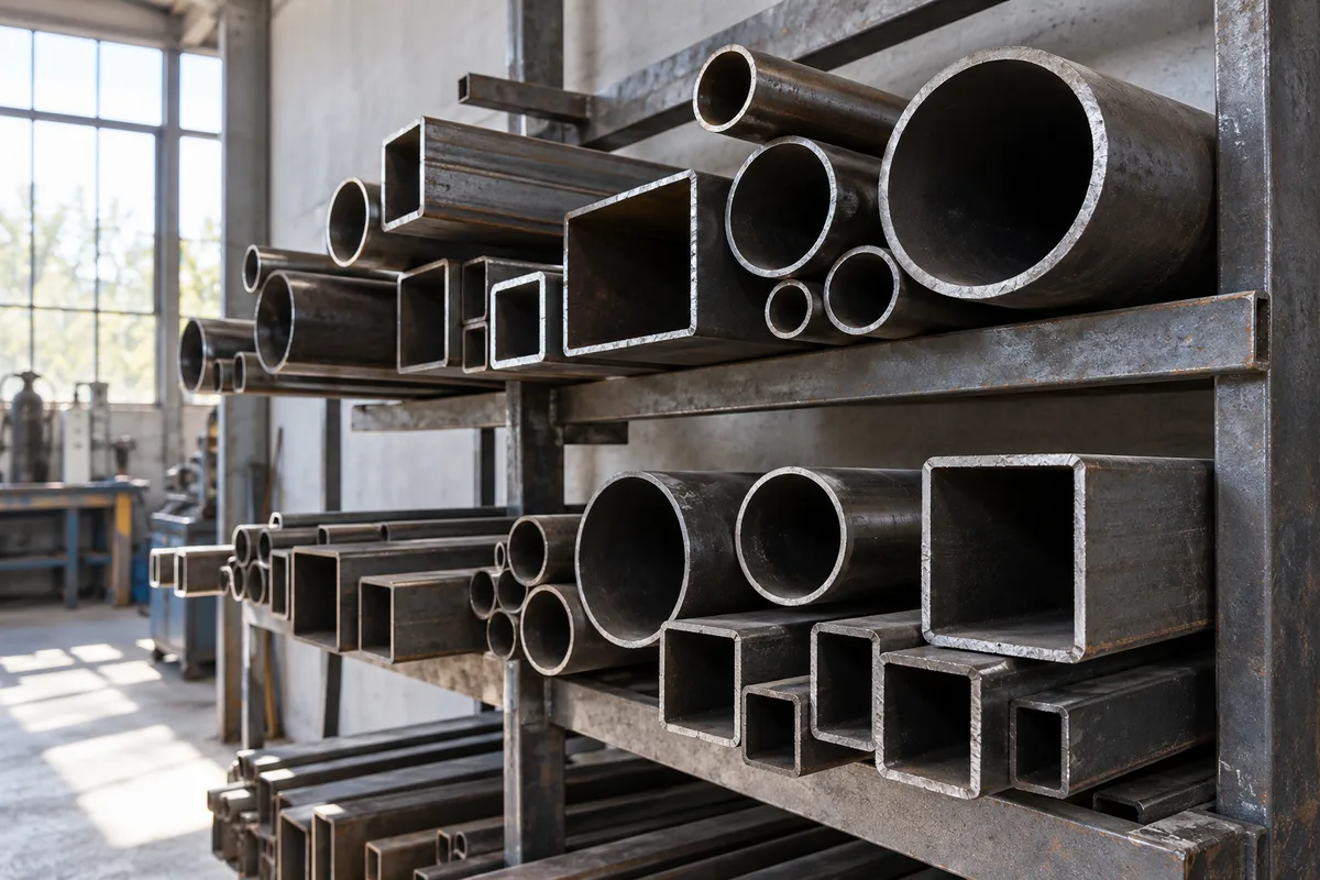 Tubes d’acier ronds et carrés de sections variées rangés sur un rack d’atelier