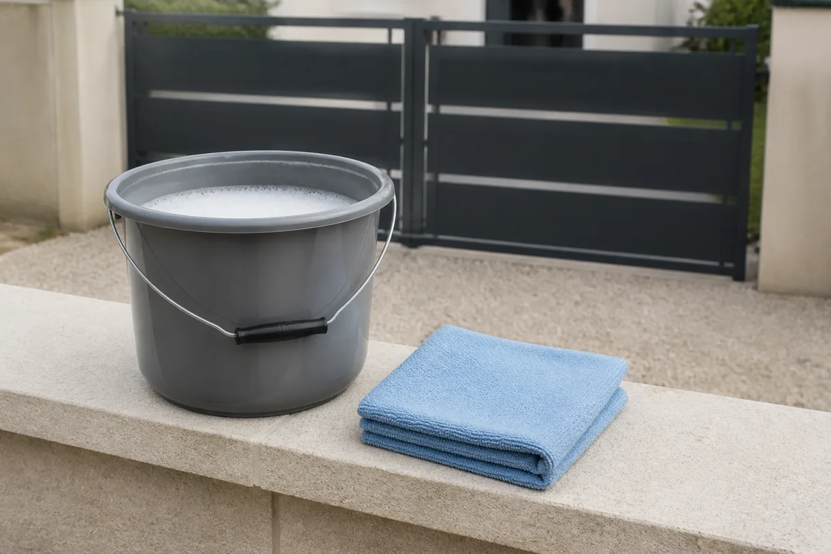 Chiffon microfibre plié posé seul sur un muret près d’un portail aluminium
