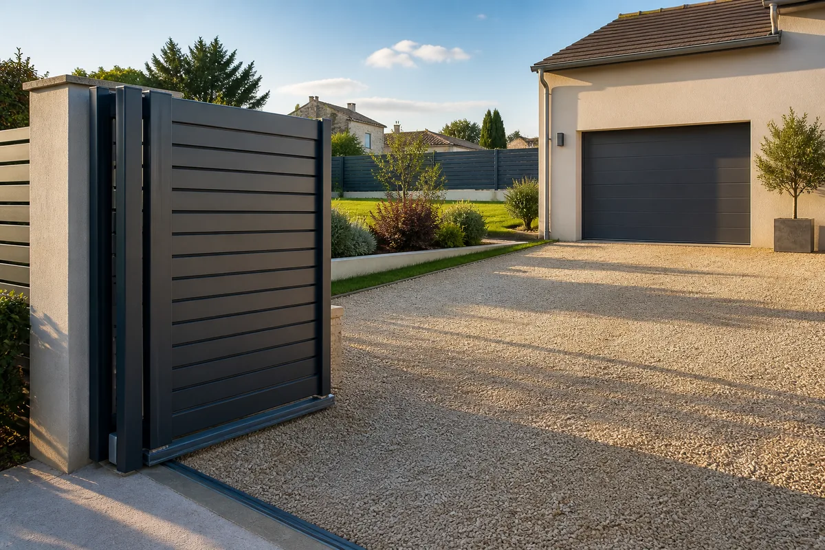 Portail coulissant en aluminium anthracite ouvert le long de son rail sur une allée