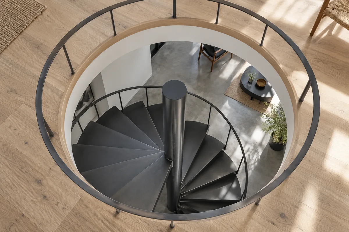 Trémie ronde d’un plancher en bois et départ d’un escalier hélicoïdal métallique