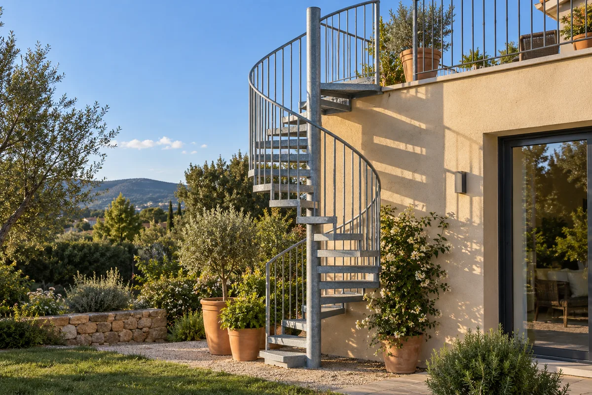 Escalier hélicoïdal extérieur galvanisé contre une façade enduite, menant à une terrasse