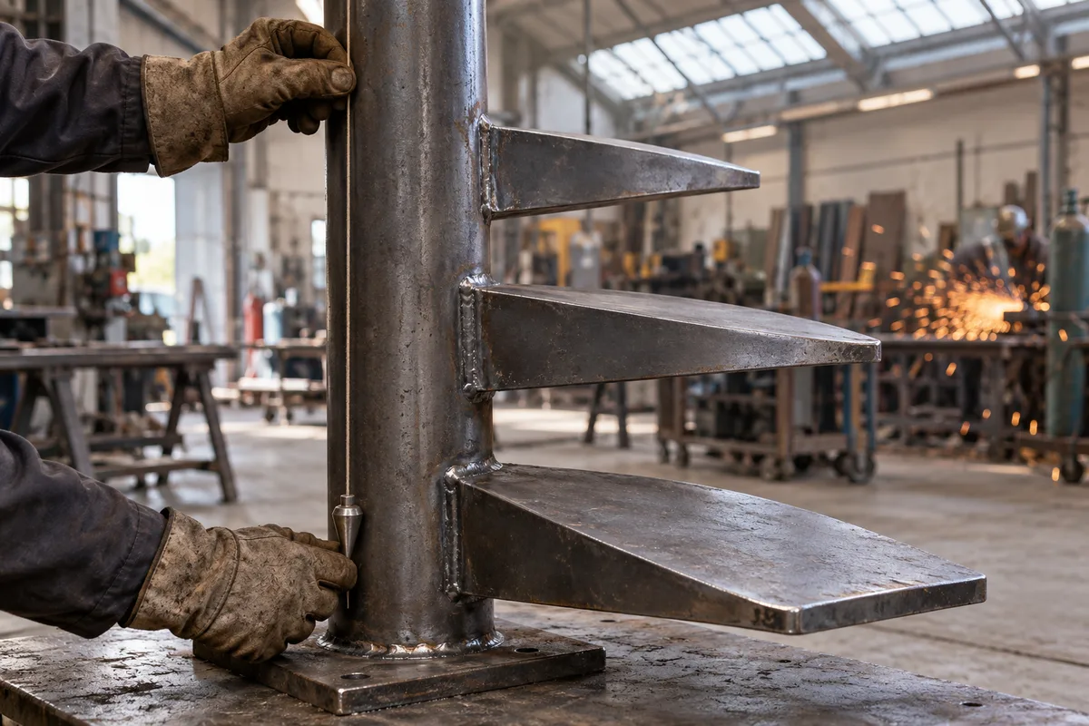 Fût central et premières marches d’un escalier en colimaçon métallique dans un atelier