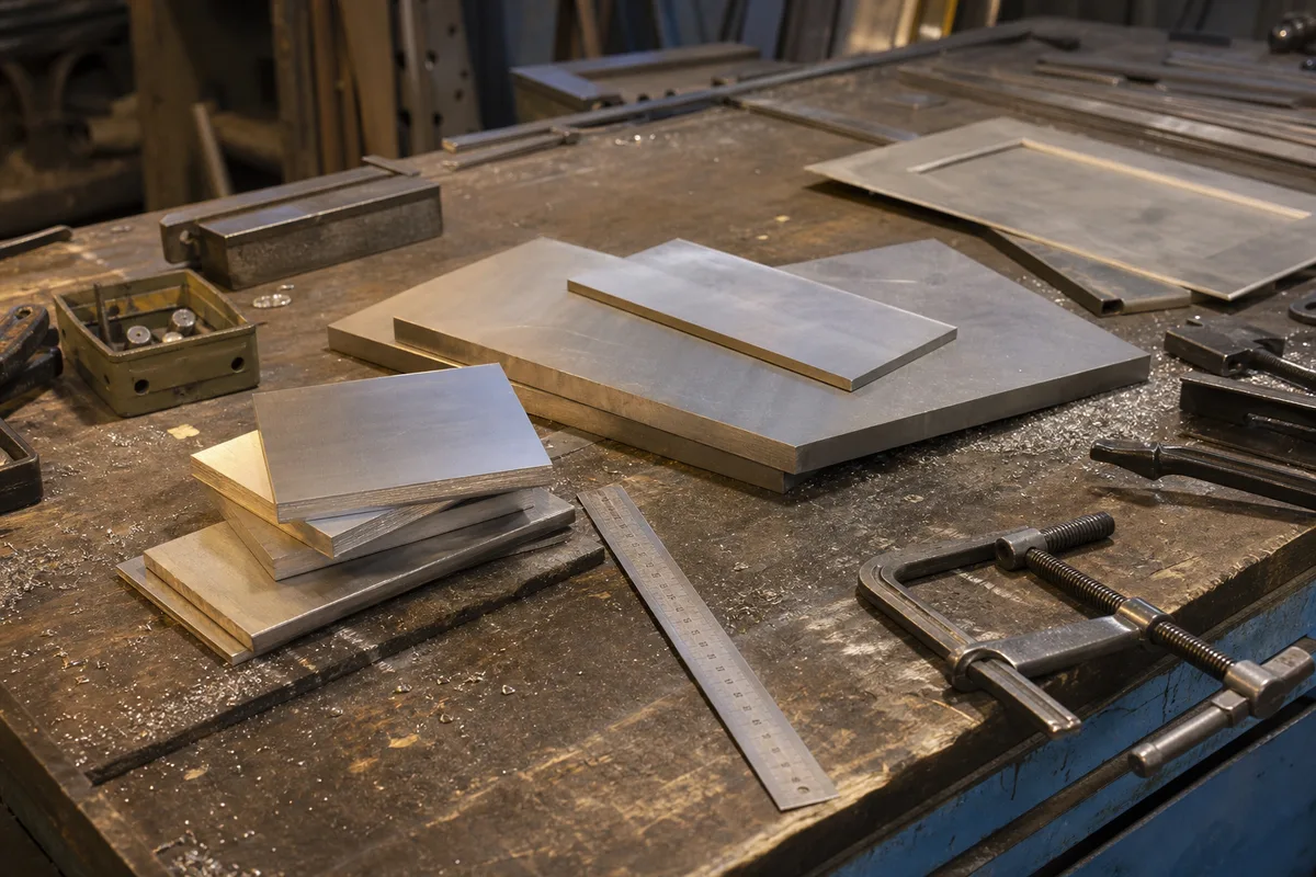 Atelier de métallerie avec plaques d’aluminium découpées posées sur un établi