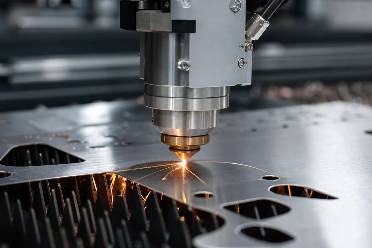 Découpe laser d’une plaque métallique projetant des étincelles fines