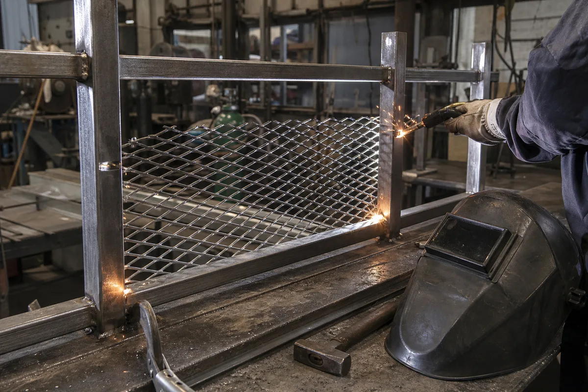 Soudure d’un panneau de métal déployé sur une ossature de garde-corps en atelier