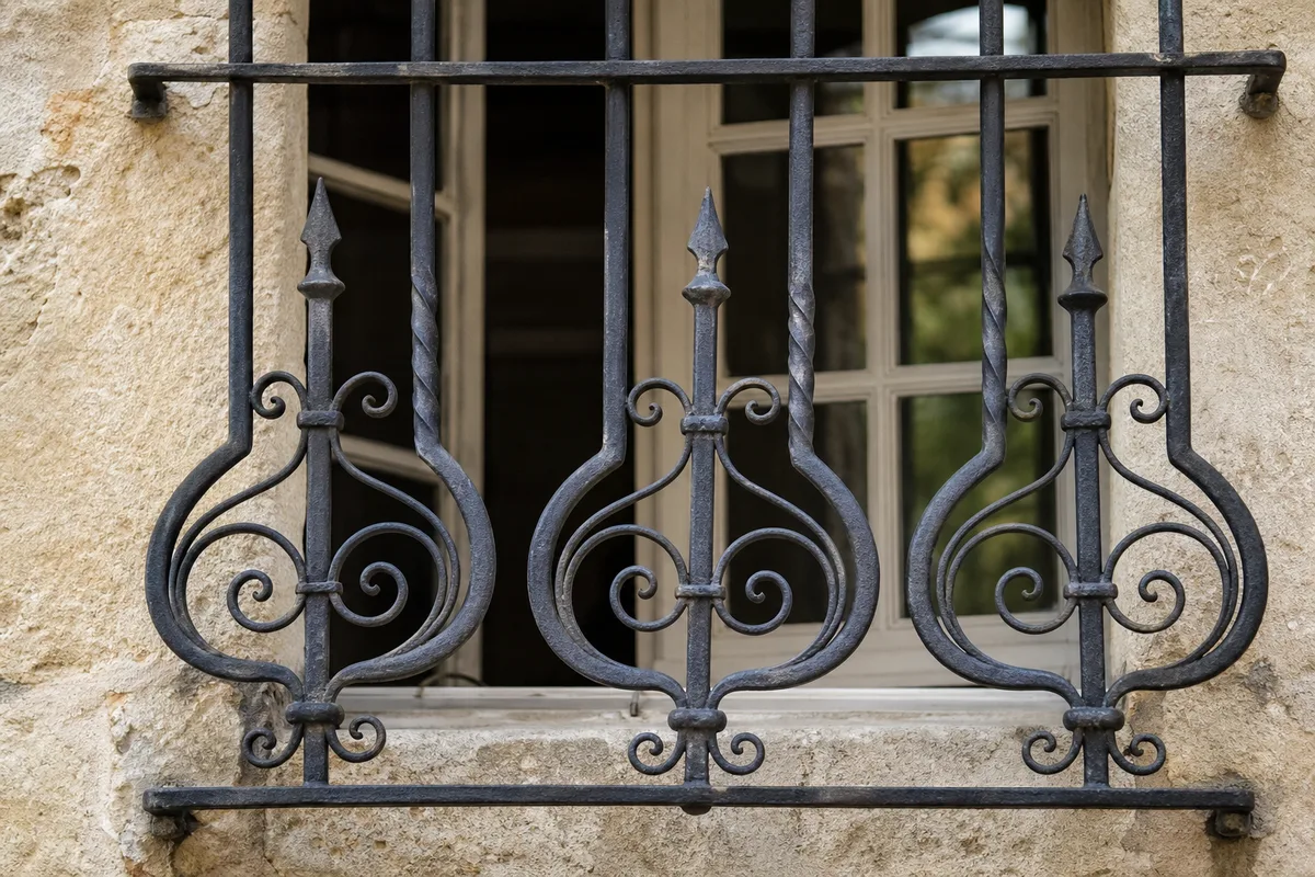 Grille de défense en fer forgé à volutes protégeant une fenêtre à croisillons dans un mur de pierre