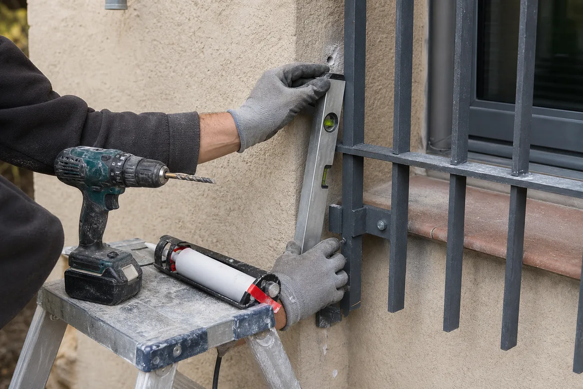 Pose d&rsquo;une grille de défense en acier avec perceuse et fixations chimiques sur un mur en parpaing