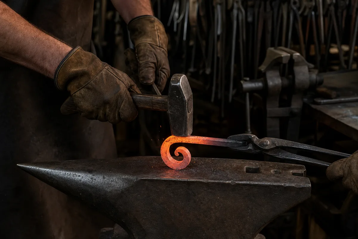 Ferronnier façonnant une volute de barreau à chaud sur une enclume dans un atelier de métallerie