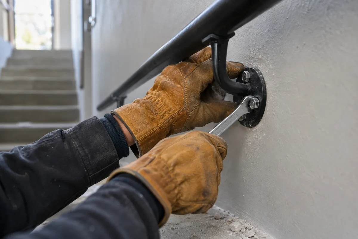 Mains gantées de cuir serrant un support mural en acier avec une clé, poussière de perçage