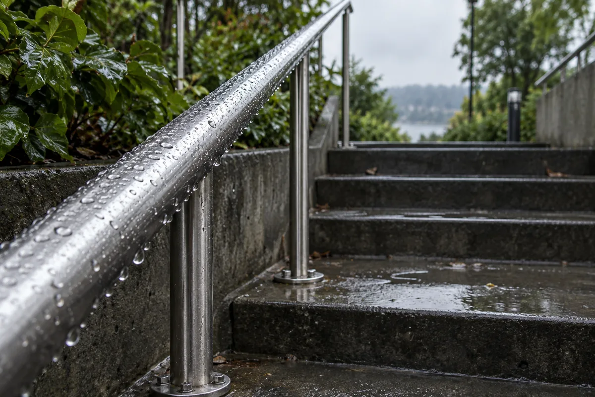 Escalier extérieur en béton avec main courante en inox brossé sous la pluie