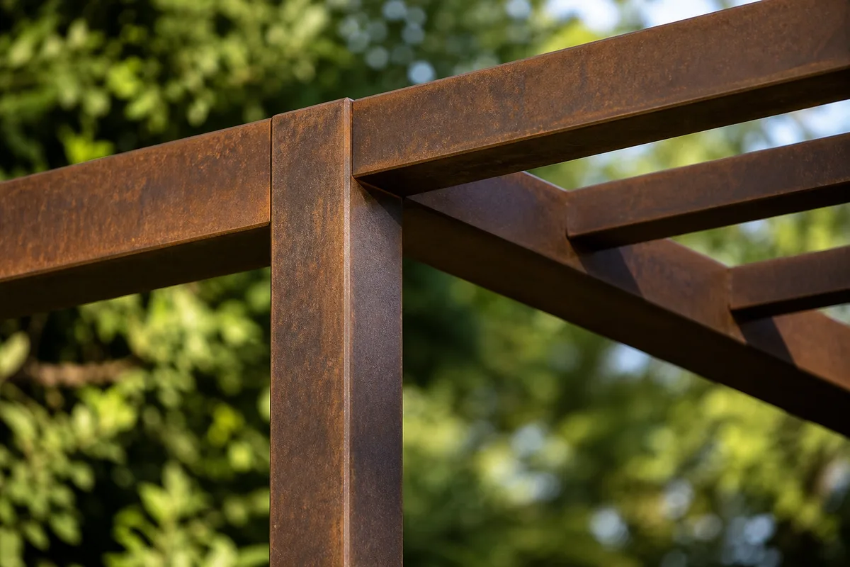 Tubes carrés en acier Corten à la patine brune formant la structure d’une pergola de jardin