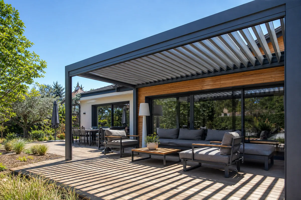Pergola bioclimatique en aluminium à lames orientables au-dessus d’une terrasse résidentielle
