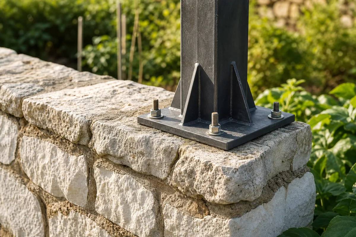 Platine de poteau de pergola en acier scellée sur un mur ancien en pierre