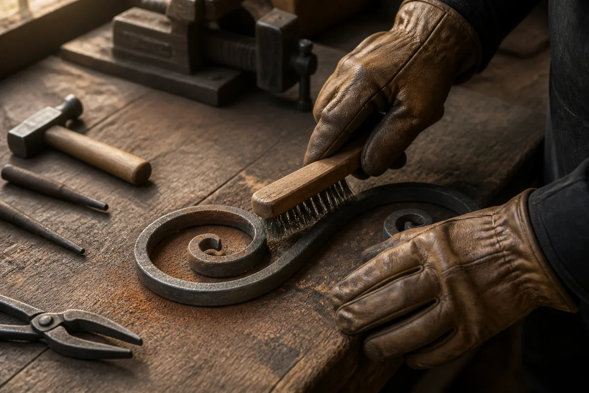 Mains gantées brossant une volute en fer forgé à la brosse métallique manuelle sur un établi d’atelier