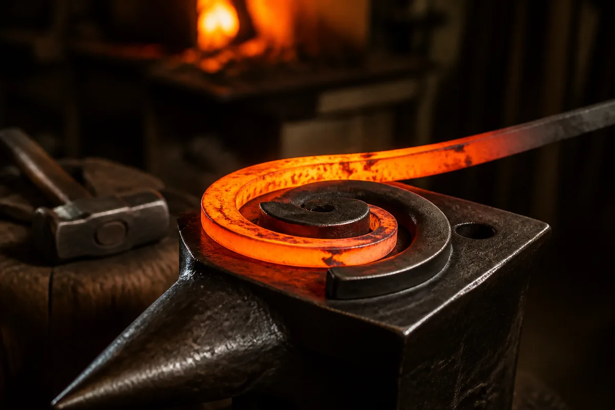 Barre de fer chauffée au rouge sur une enclume, volute en cours d’enroulement au gabarit dans une forge