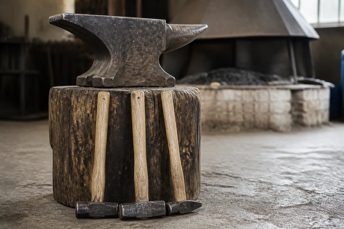 Enclume d&rsquo;atelier posée sur son billot de bois avec marteaux de forge alignés