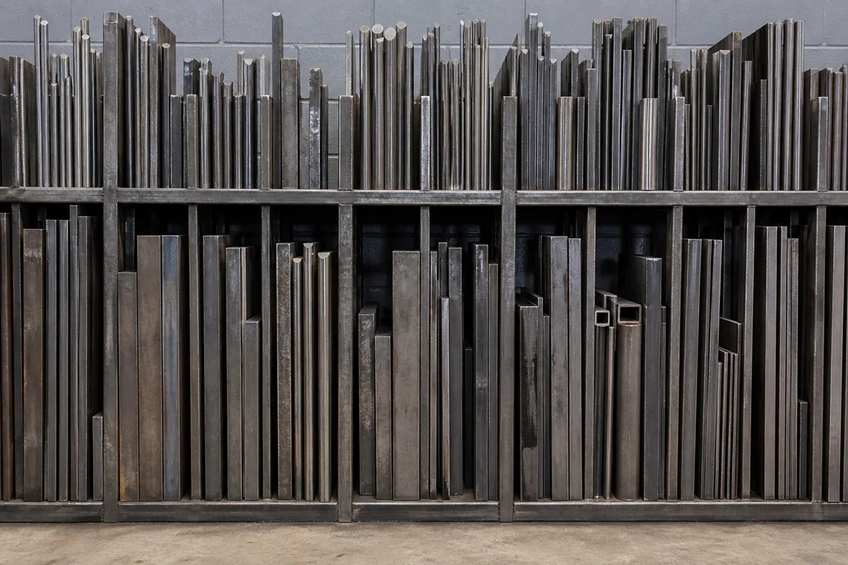 Râtelier d&rsquo;atelier garni de barres d&rsquo;acier plates et rondes rangées à la verticale