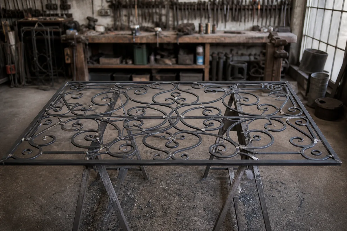Grille en fer forgé posée à plat sur des tréteaux dans un atelier de ferronnerie