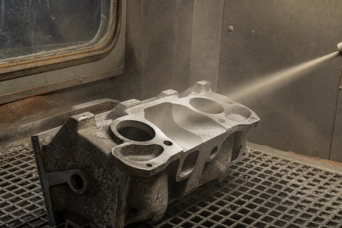 Opération de sablage d&rsquo;une pièce métallique mettant l&rsquo;acier à nu avant traitement